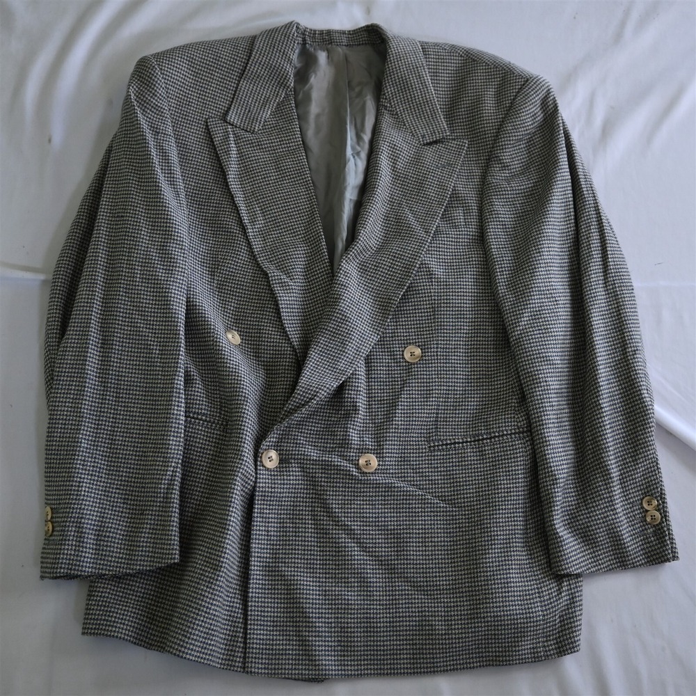 Vtg Ferrini 40R Blue Tweed Silk‎ Wool Double Breasted Mens Blazer Sport Coat